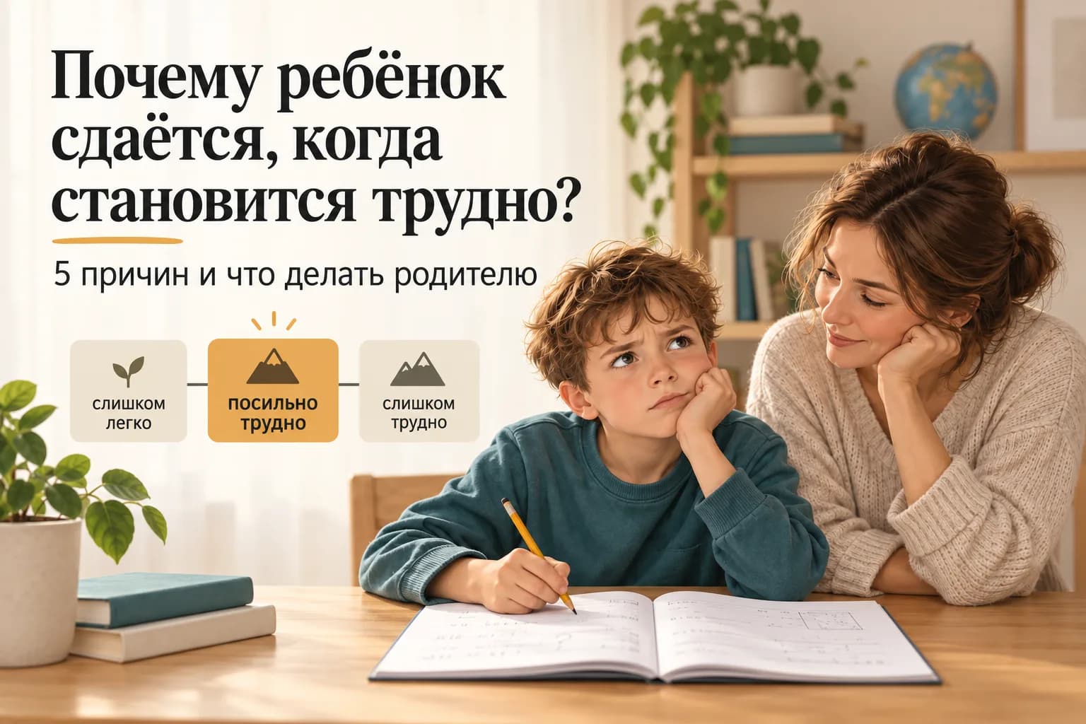 Мальчик задумался над тетрадью, рядом мама. Схема из трёх состояний: слишком легко, посильно трудно, слишком трудно.