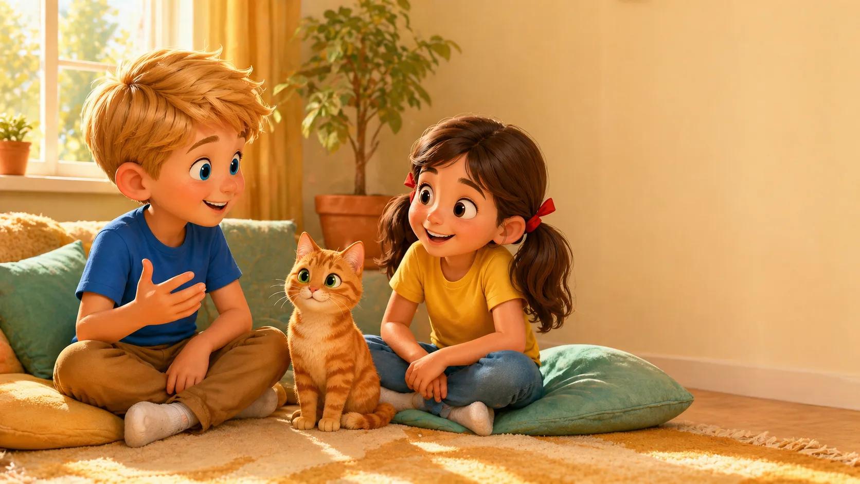 Рома рассказывает Маше историю про свою кошку Мурку, сидя на подушках в уютной комнате