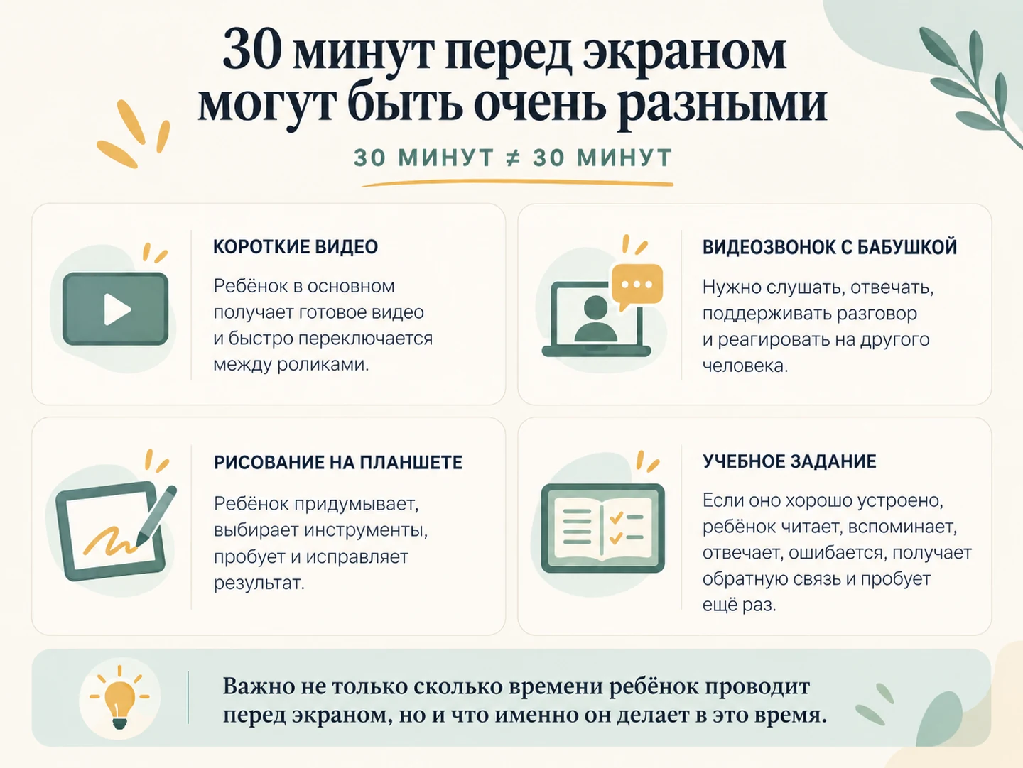 Четыре сценария по 30 минут: короткие видео, видеозвонок с бабушкой, рисование на планшете и учебное задание. В каждом ребёнок делает разную работу.