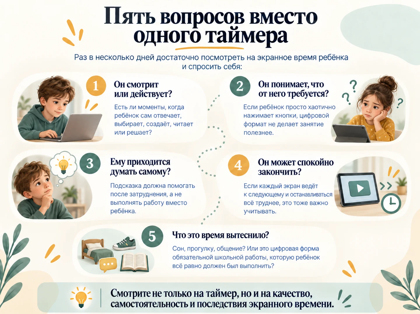 Пять вопросов вместо одного таймера: он смотрит или действует, понимает ли, что от него требуется, приходится ли думать самому, может ли спокойно закончить и что это время вытеснило.