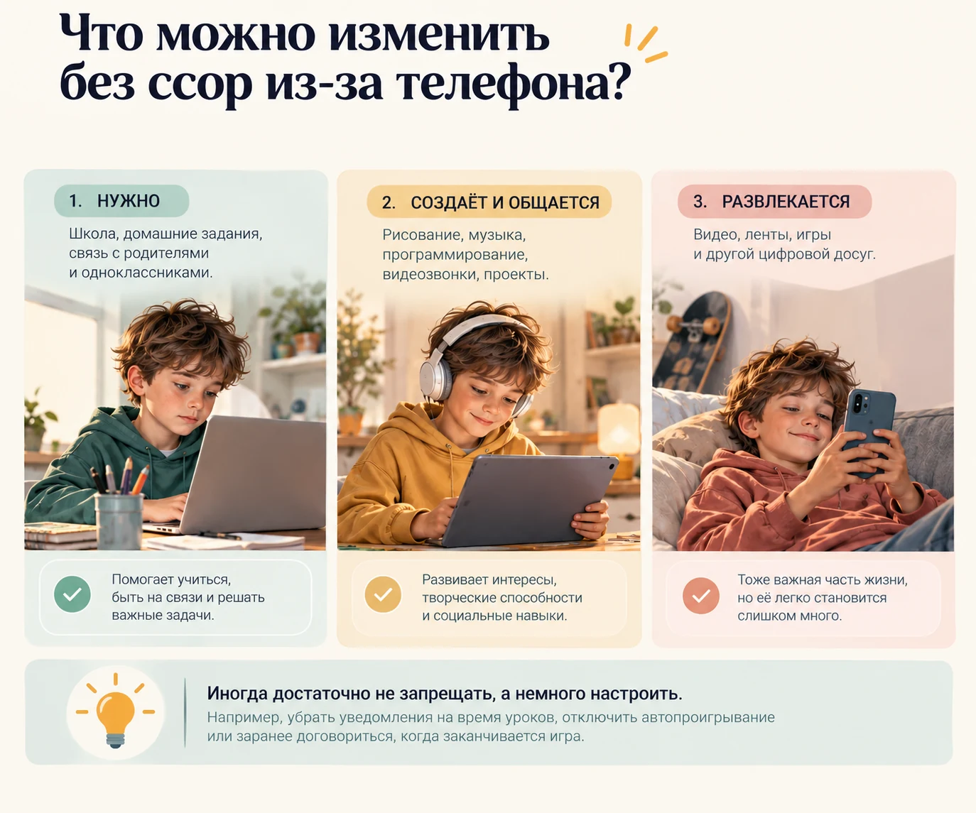 Три группы экранного времени: нужно (школа, домашние задания, связь), создаёт и общается (рисование, музыка, программирование, видеозвонки, проекты), развлекается (видео, ленты, игры).